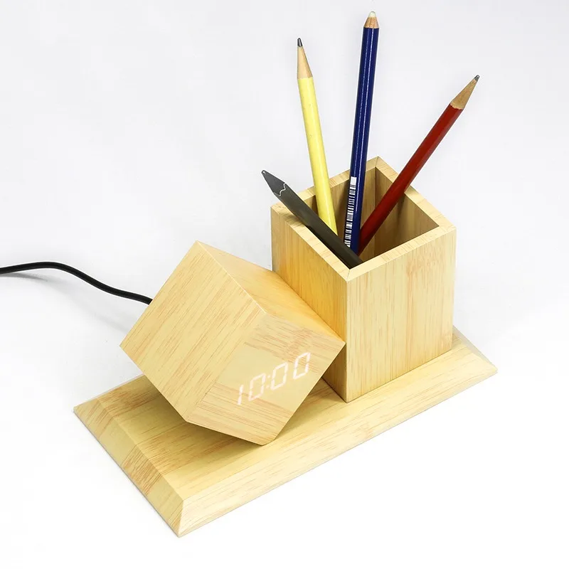 New Creative Multifunctional Wood Clock LED Intelligent Voice-activated Electronic Alarm Clock Wooden Digital Pen Holder Desk Cl