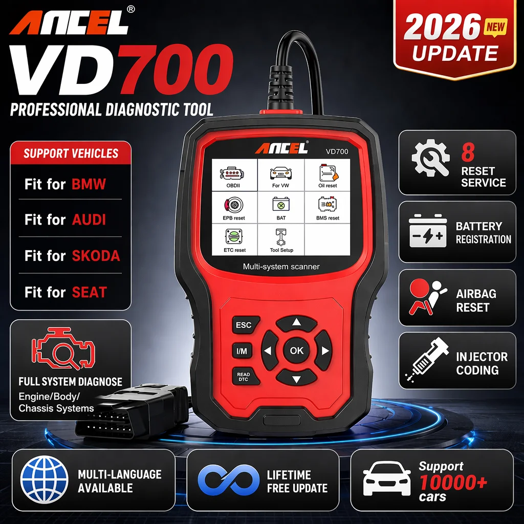 ANCEL VD700 Professional OBD2 Scanner for VW for Audi for Seat for Skoda Oil EPB SAS TPMS Reset Full System Code Reader