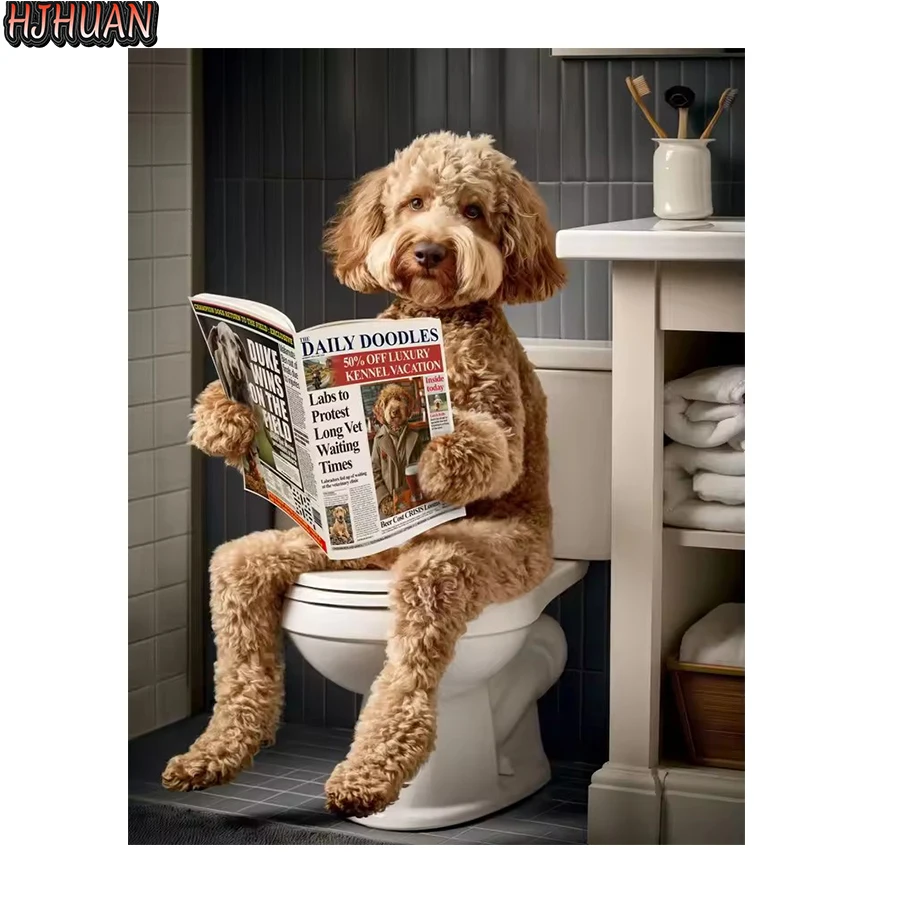 Diamond Painting Dog squatting on the toilet reading the newspaper Full Square Home Decoration Embroidery Handcraft diy Art Kits