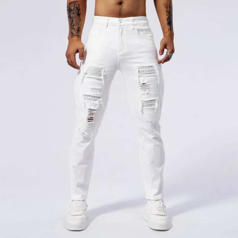 Rhinestone White Jeans with Men's Broken Hole Patch Design for Street Fashion High end Slim Fit Small Foot Elastic Tight Pants