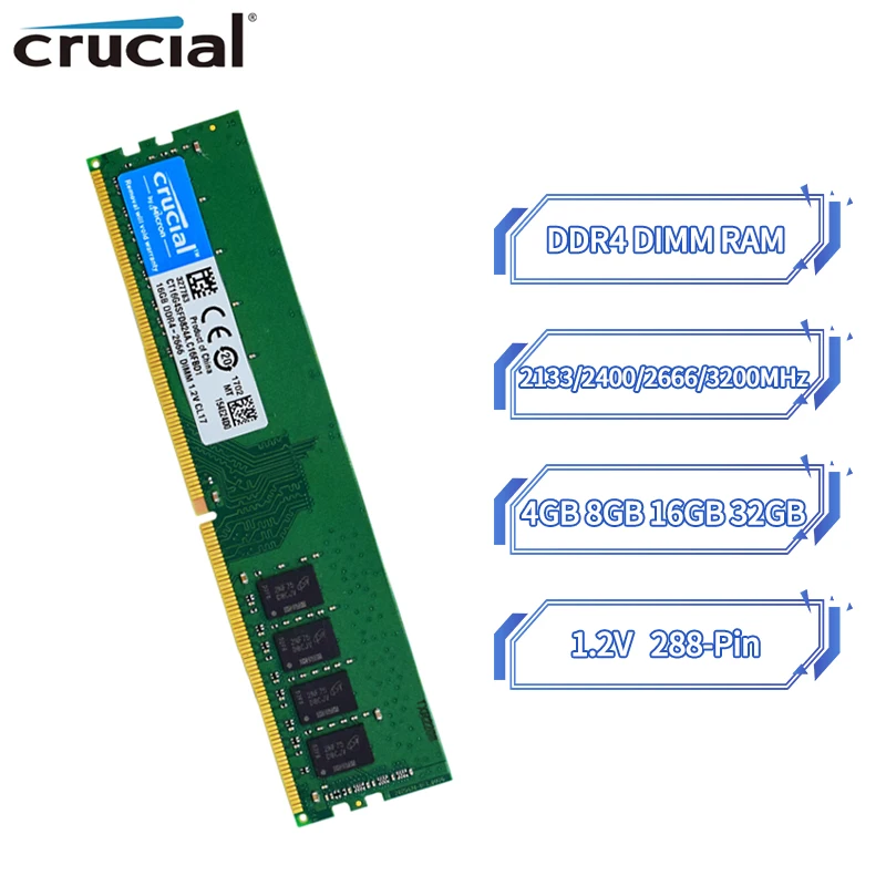 Crucial Desktop Ram DDR4 4GB 8GB 16GB 32GB 2133MHz 2400HMz 2666HMz 3200MHz PC4-19200 21300 25600 288-Pin 1.2V Dual Channel