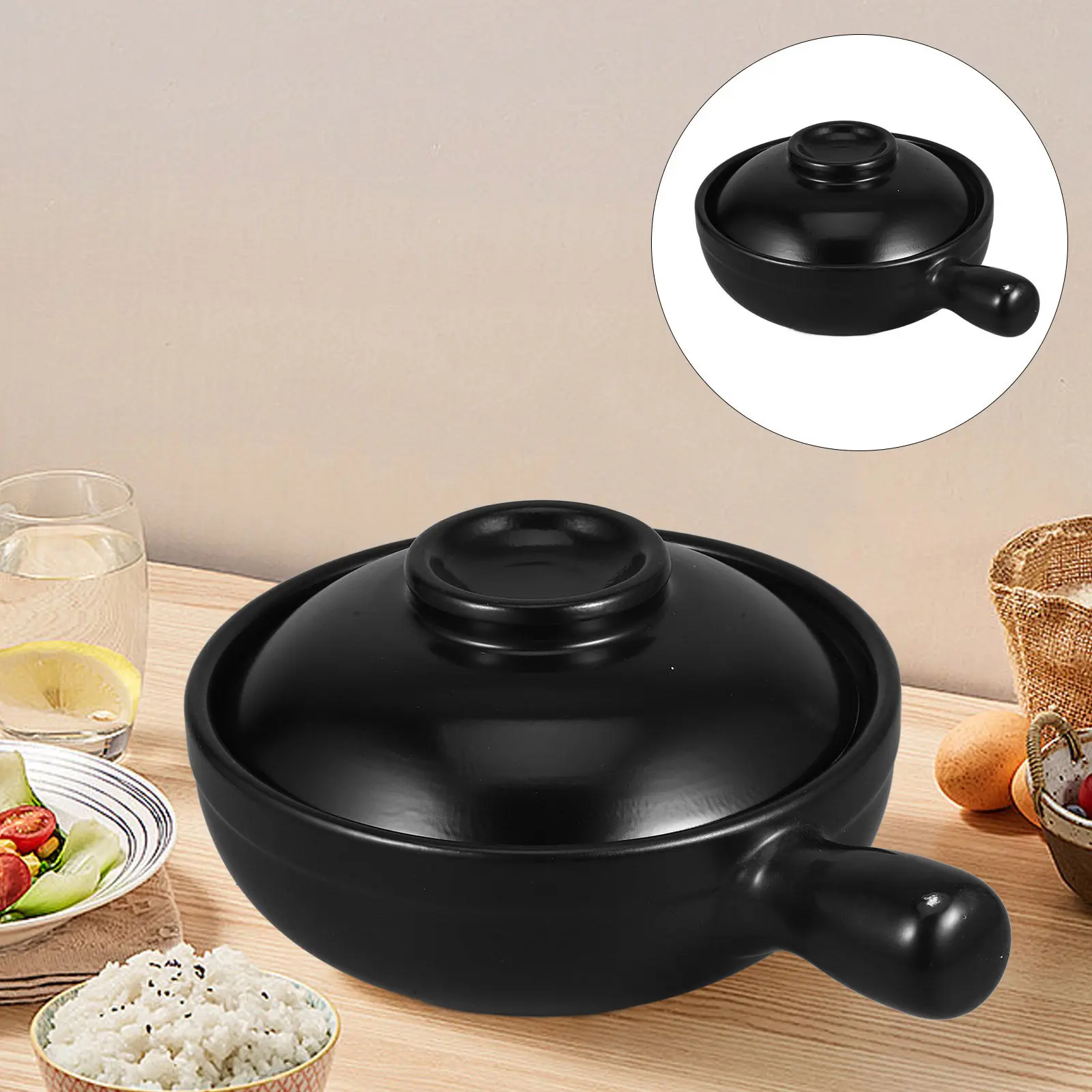 

Chinese Clay Pot 900ml Traditional Clay Cooking Pot Single Handle Lid Rice Porridge Stews Stovetop Microwave Use