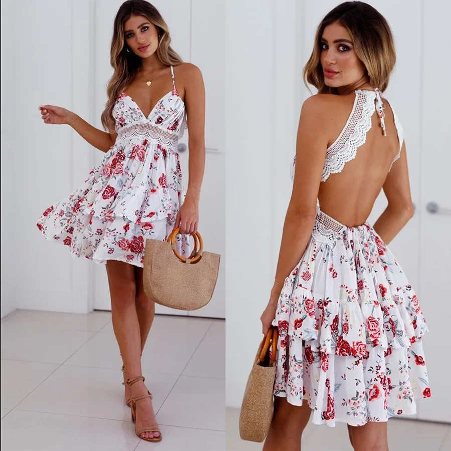 

Women 2022 Embroidery Sexy Spaghetti Strap Summer Dress Lace Mini Cotton Dresses Backless Bech Party Csual Long Ladies Vestidos