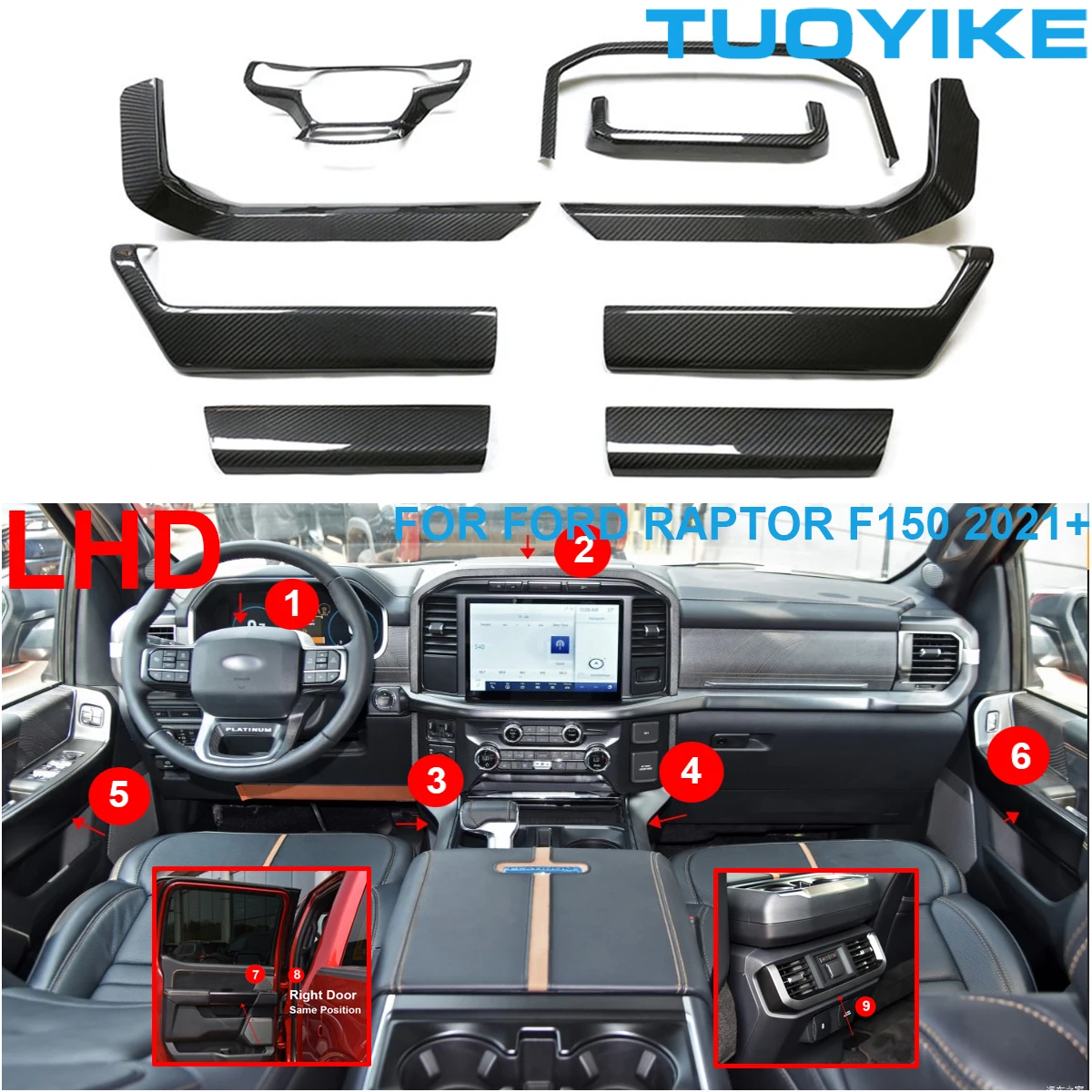 LHD Real Dry Carbon Fiber Steering Wheel Dashboard Central Console Trim Interior Door Panel Cover For Ford Raptor F150 2021+