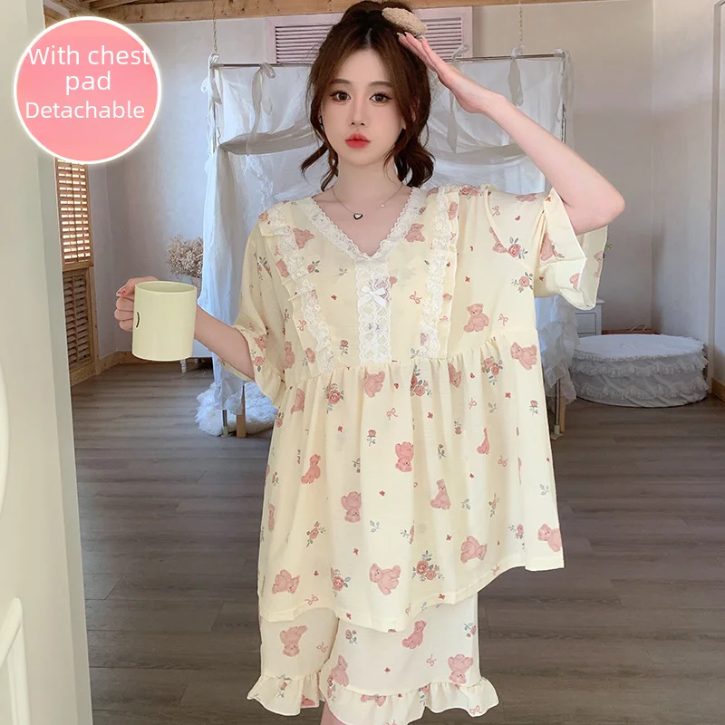 Summer Women's Pajamas Chest Pad Short Sleeves Loose Fit 300lbs Home Wear Outerwear V-neck