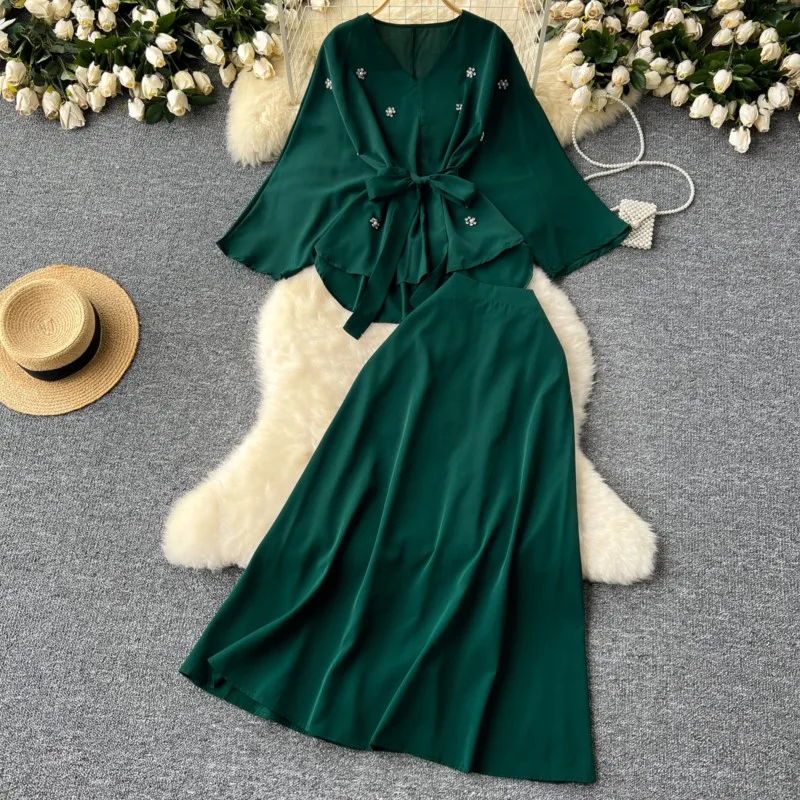 Fashion New Solid Chic Women Skirts Suit Elegant Casual Loose Shirts Blouses A-Line Saya Two Pieces Set Female Clothes Outfits