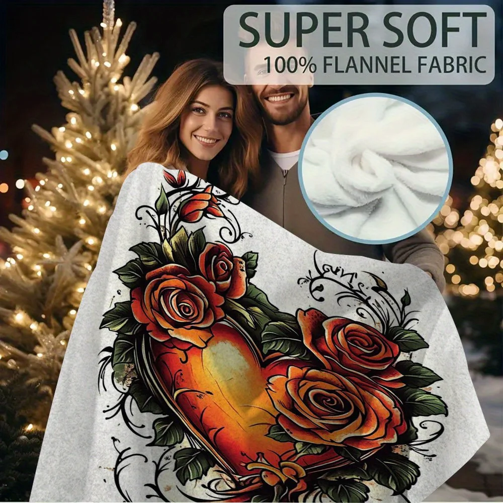 1pc Vintage Heart & Rose Tattoo Design Soft Warm Blanket, 60x80 Inch, All-Season Multi-Purpose Cozy Throw for Dorm, Camping