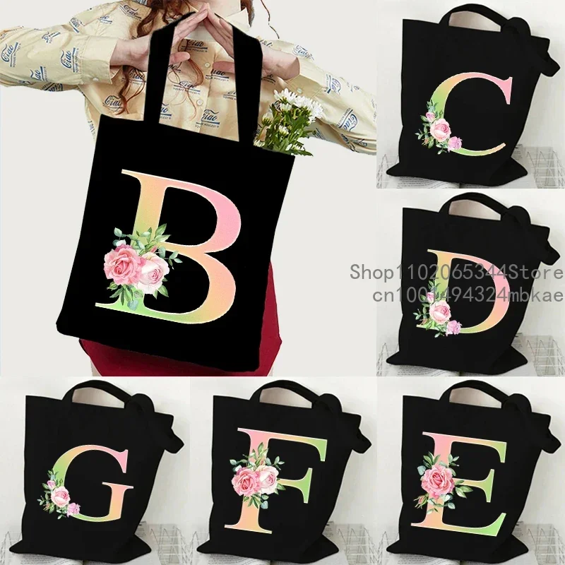 Pink Green Letter Handbag Lady Rose Alphabet Shoulder Bag Student Outdoor Beach Canvas Tote Bag Girl Foldable Shopping Bag Black