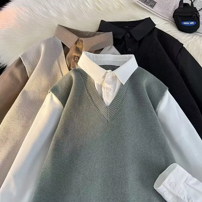 

Men's Long Sve irt Inner Knitted Sweater College Sle Jaet Autumn Top Layered Look Polyester Fiber Casual Wear