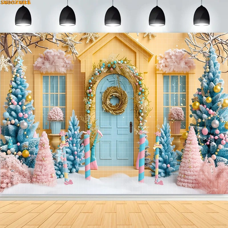 

Christmas Day Wreath Family New Year Party Photography Backdrops Prop Window Living Room Xmas Tree Gift Snow Background BV-23