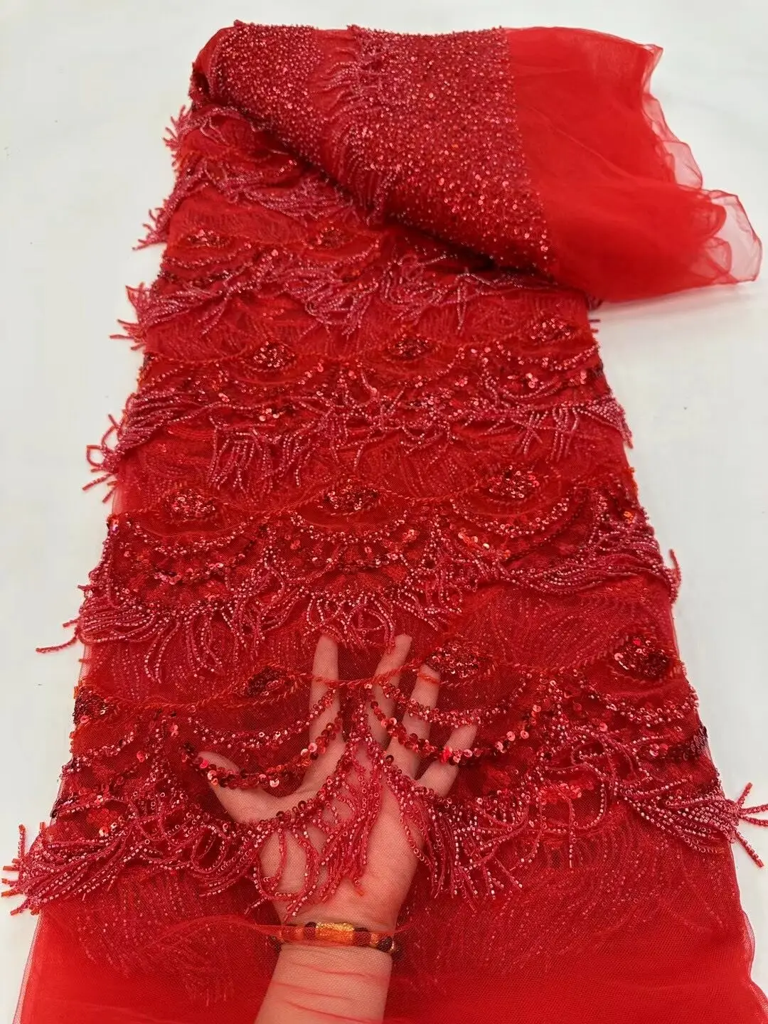 

Beads Lace Fabric High Quality Mesh Embroidery J-1302687 Tulle Nigerian Lace Fabrics For Bridal