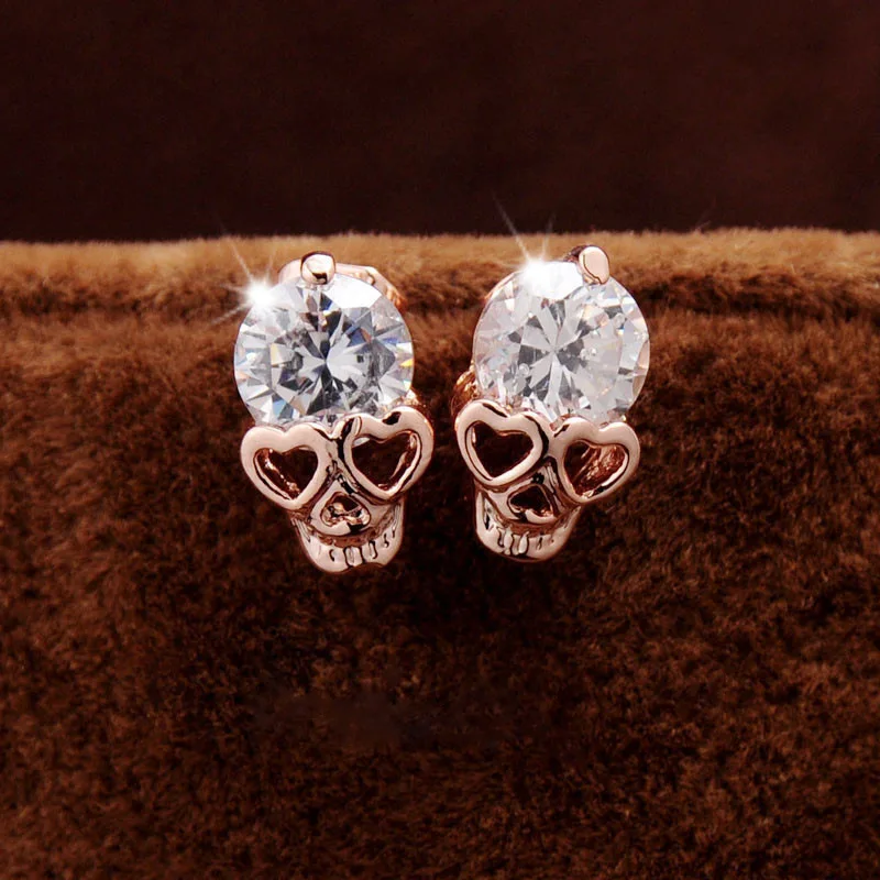 Rose Gold Color Skull Stud Earrings With Sparkling Zircon Cute Hip-Hop Style Street Punk Neutral Earrings For Couples jewelry