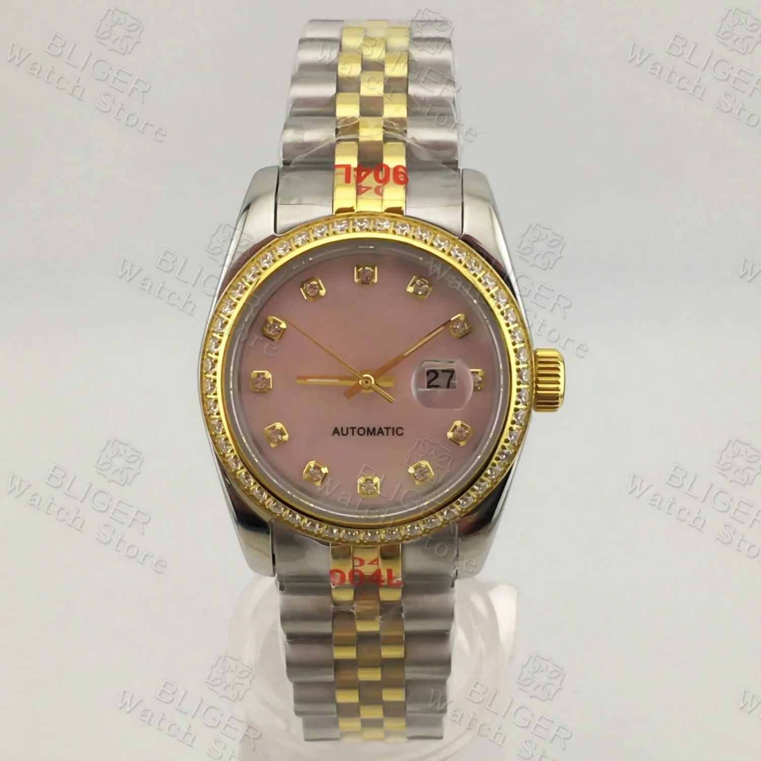 BLIGER 31mm NH05 Luxury Women Automatic Watch Two Tone Gold Bracelet Diamond Bezel Sapphire Pink Mother Pearl Dial Waterproof