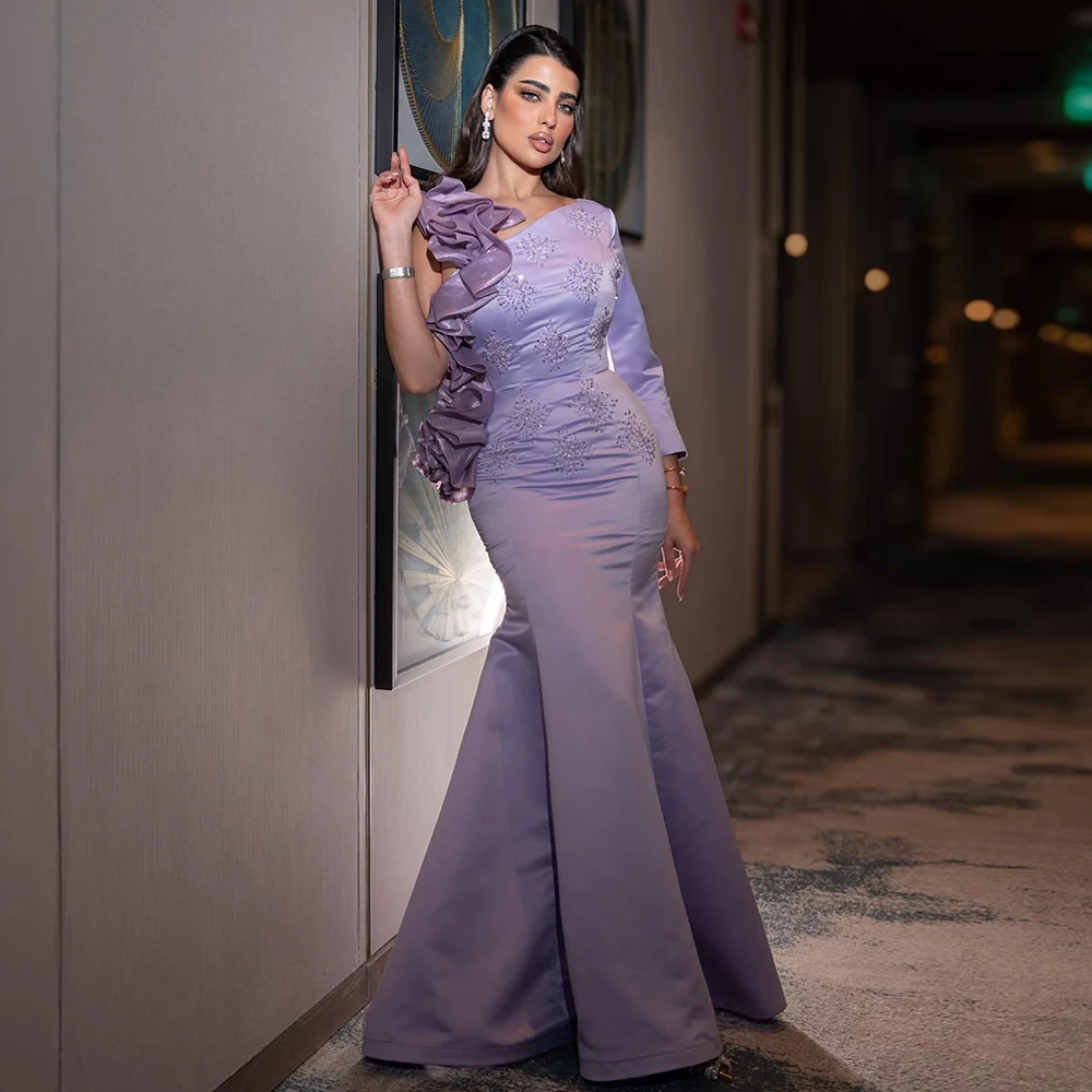 Lilac Mermaid Prom Dress One Shoulder Long Sleeve Beading Sequined Ruffles Satin Evening Dresses Saudi Arab Party Gown