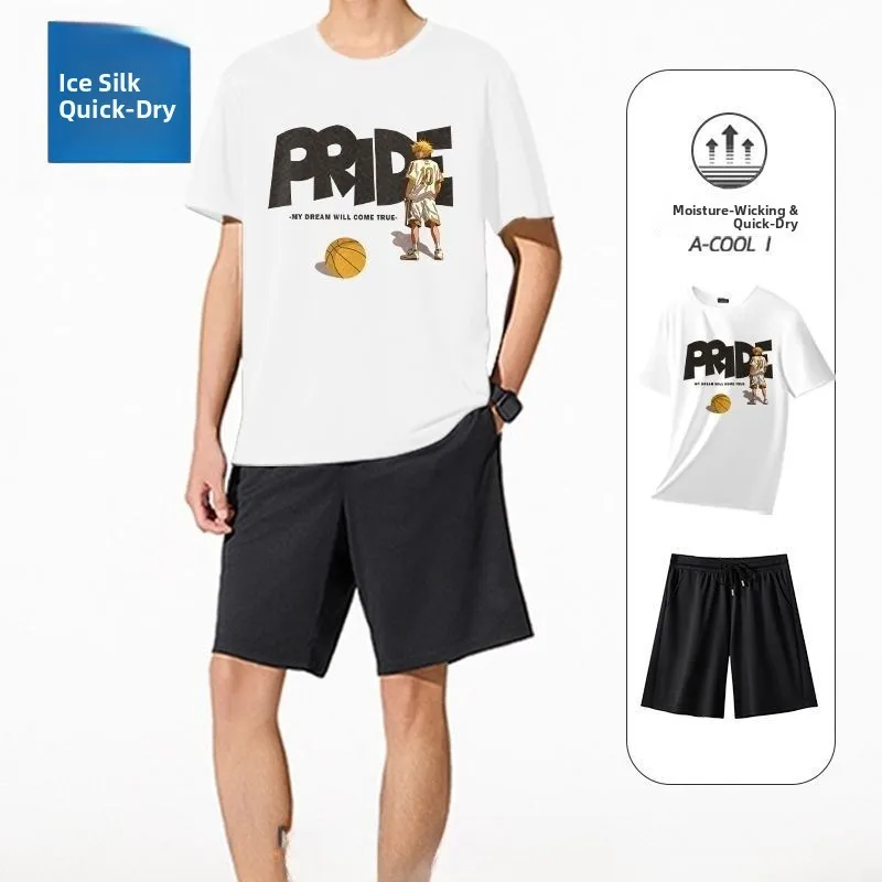 

Комплект одежды для бега Ice Silk Qui Dry: мужская футболка с коротким рукавом, костюм для велоспорта, тренировок и утренних пробежек, весна-лето