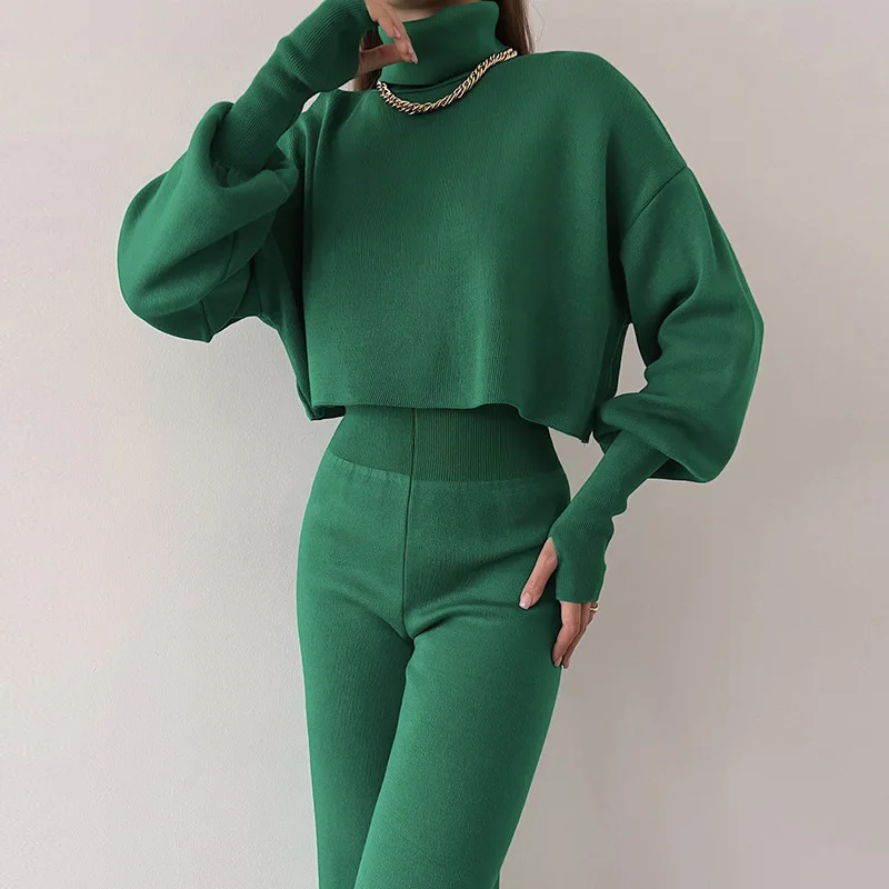 Autumn Winter Solid Ribbed Knitted Set Women Casual Turtleneck Pullover Pants Homewear Suit Retro Two Piece Outfits with Glove