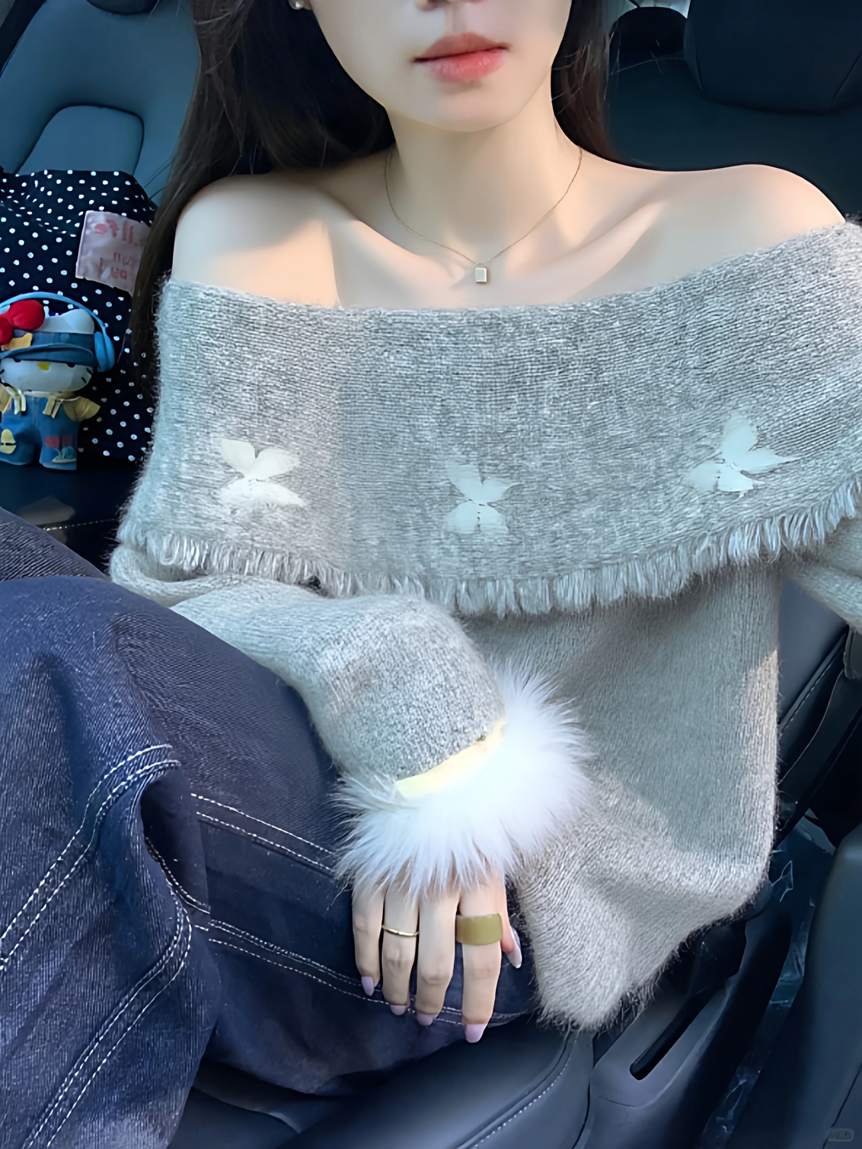 

Серый вязаный пуловер, свитер с открытыми плечами, нечеткие рукава, с рюшами и длинными рукавами, мягкий женский новый зимний модный свободный офисный наряд