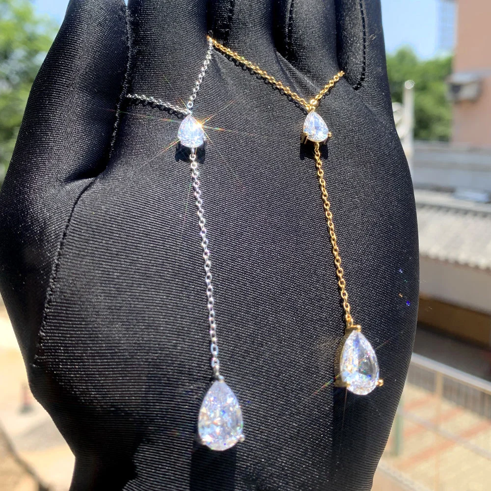 New Luxury Sparkling Bling Water Drop Cubic Zirconia CZ Y‑Shaped Necklace Bride Wedding Party Sexy Fashion Jewelry Wholesale