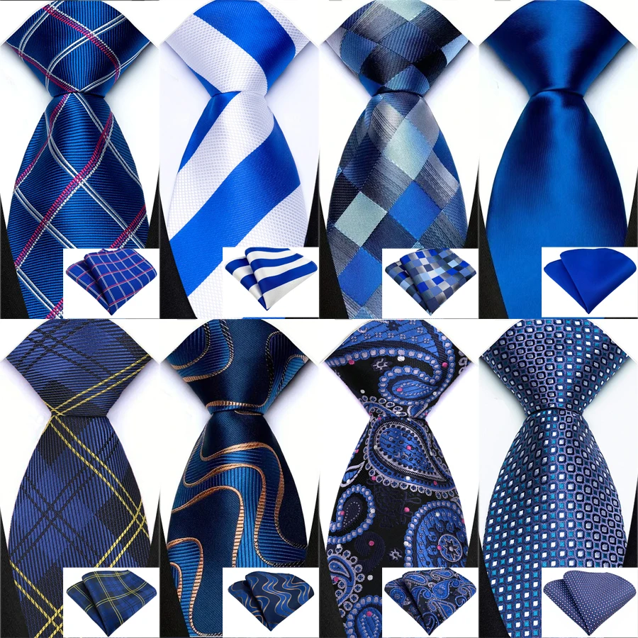 Fashion Royal Blue Men Tie Luxury Plaid Stripes Paisley High Quality Pocket Square Necktie Sets Groom Wedding Busienss Gifts