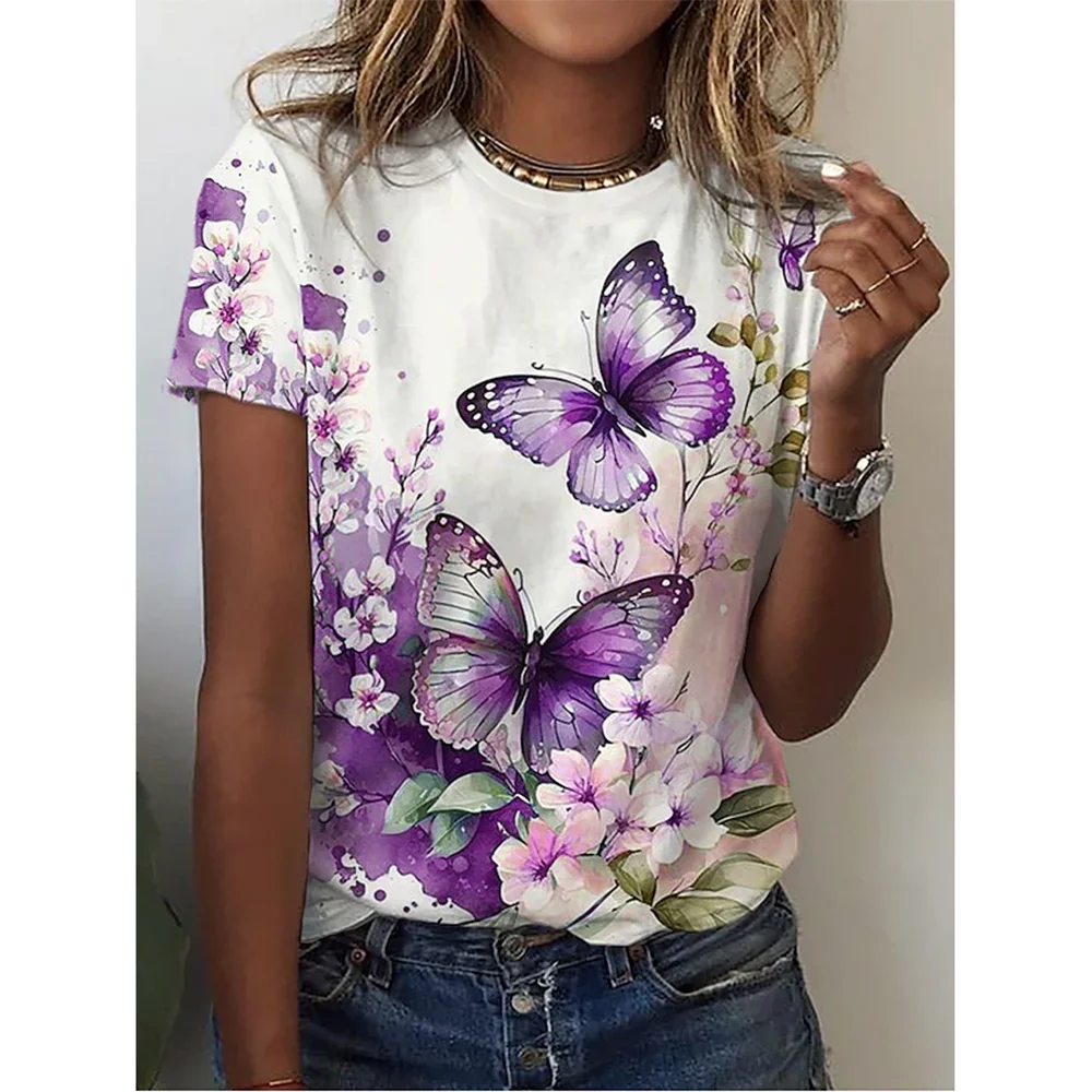 Y2k Streetwear Crew Neck 3D Flowers Butterfly Print Pullover Women T-Shirt Summer Fashion Short Sleeve Loose Top Comfortable