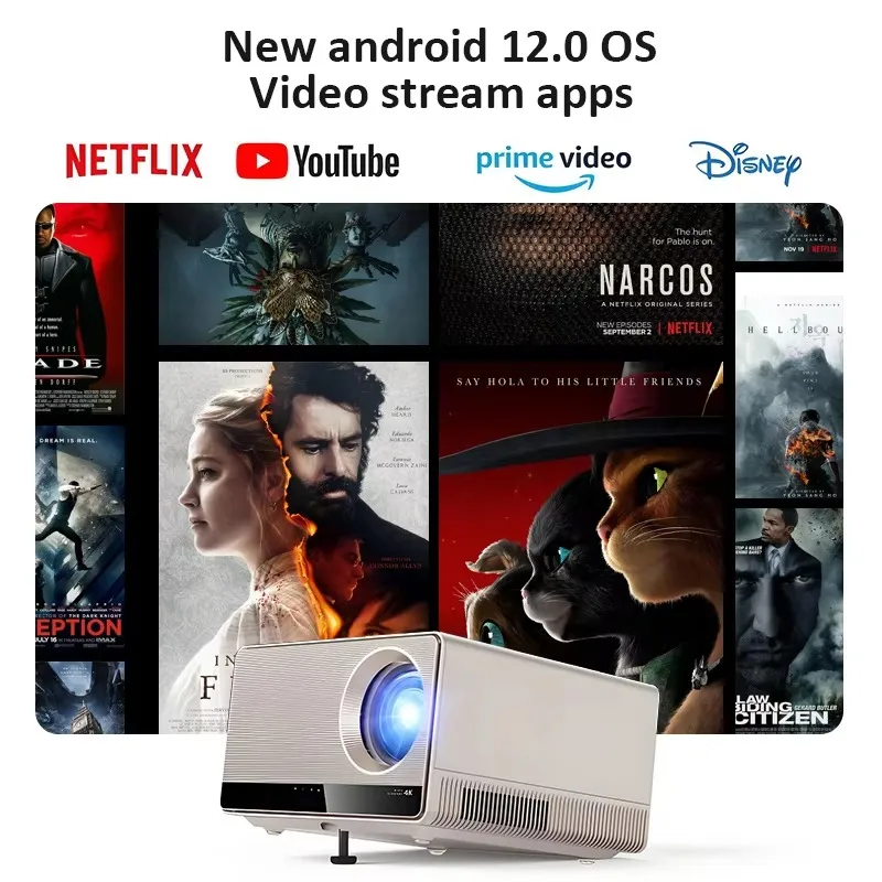 Proiettore 4K con LCD da 5,5 pollici 3840*2160p Sistema operativo Android12 e obiettivo Smart AUTO 800ANSI Lm Motore antipolvere HDR10 Doppio 8W SPK