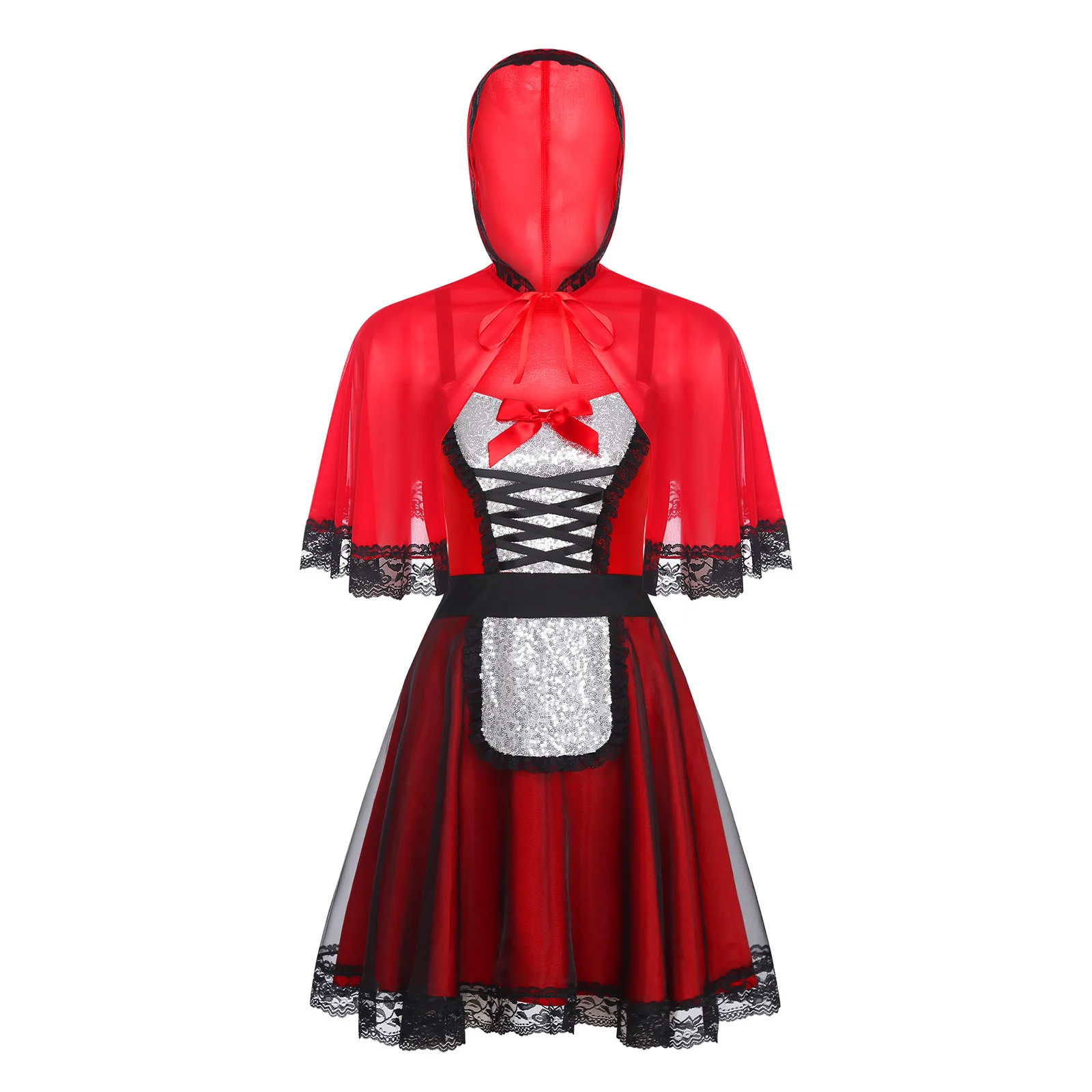

Womens Red Hooded Cape Halloween Bloody Bride Cosplay Costume Dress Up Outfits Shiny Sequin A-line Sling Queen Princess Dress