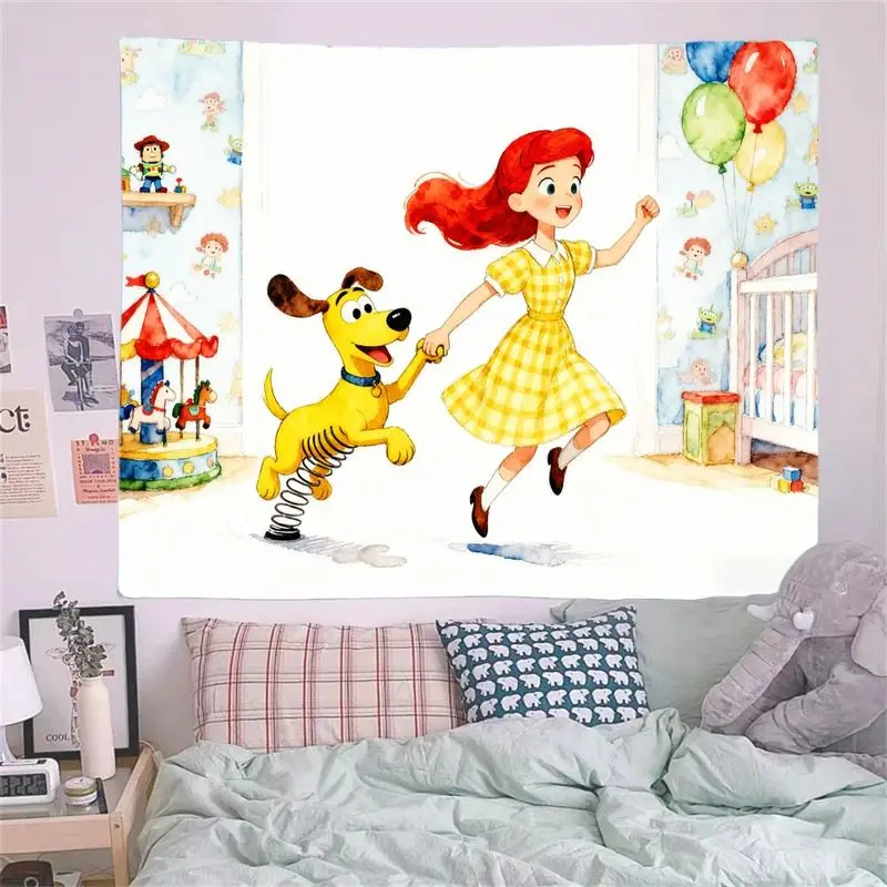 1 Buah Permadani Gadis Berambut Merah Ceria & Anjing Bergaya Slinky, Seni Dinding Ruang Bermain, Dekorasi Kamar Tidur Anak Poliester Lucu, Hadiah Dekorasi Kamar Anak