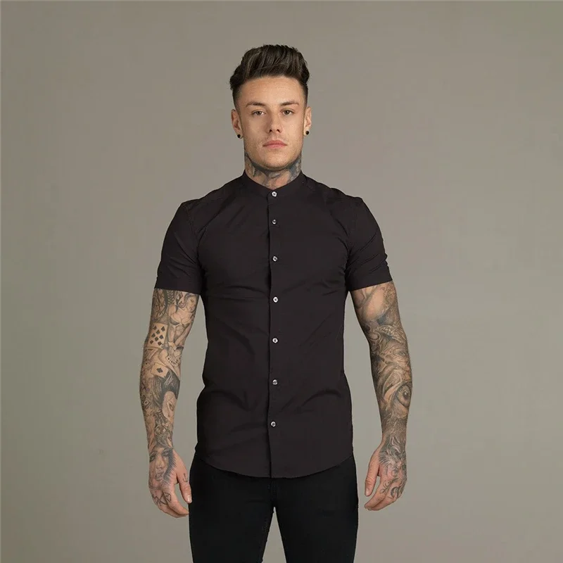 New Summer Men Fashion Short Sleeve Solid Shirt Slim Fit Male Social Business Dress Shirt Brand Mens Gym Fitness Sports Clothing