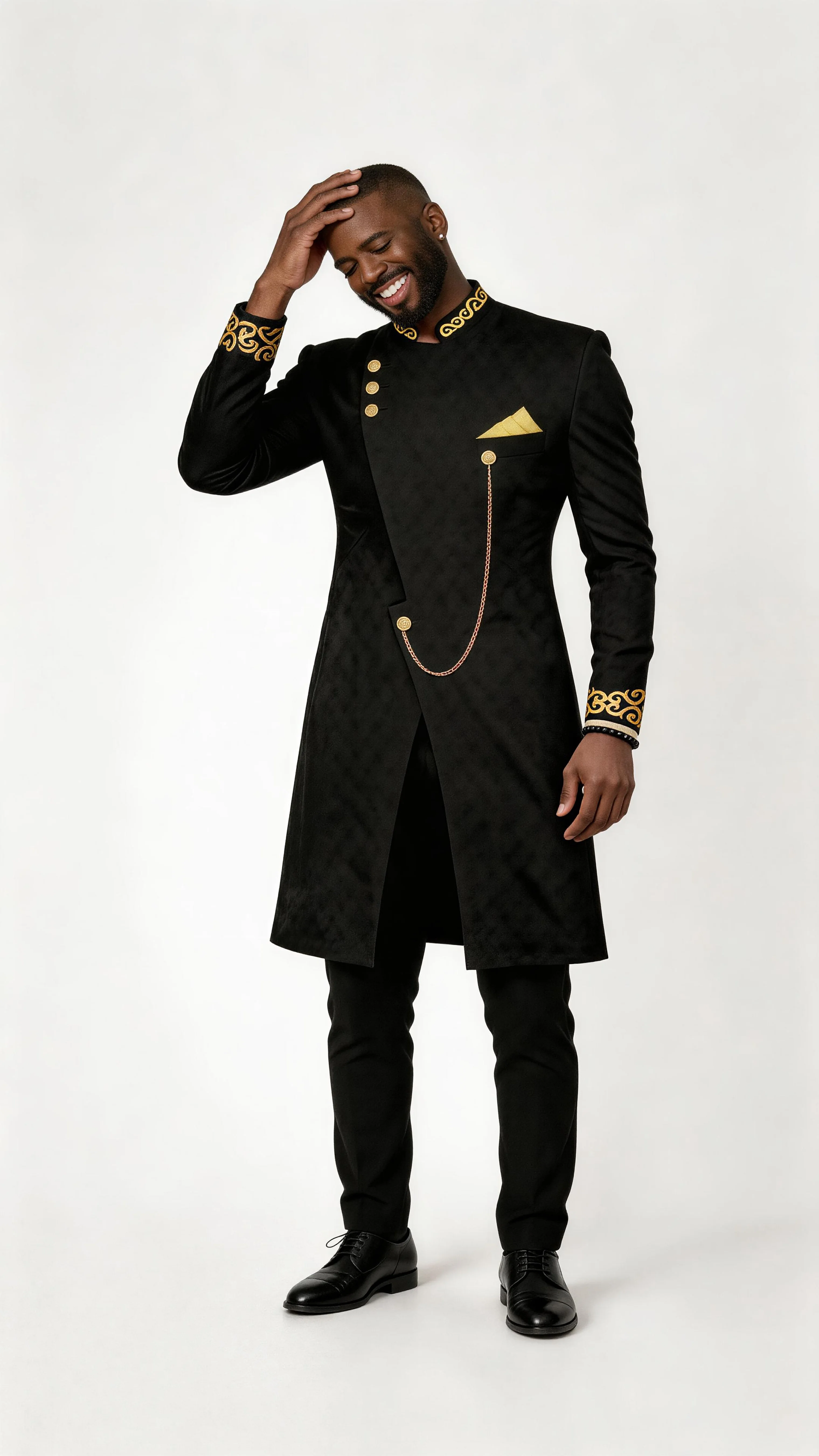 Men African Traditional 2‑Piece Suit Black Gold Embroidery Stand Collar Asymmetric Long Coat Pants Set Luxury Wedding Party Form