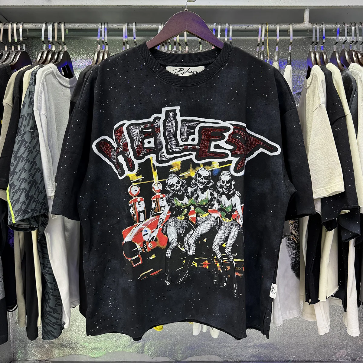 Casual Trendy Brand Letter Printed BKYS Hellfest F-Terry Cropped t shirtTee Hot Diamond Hoop Short sleeved T-shirt for Men