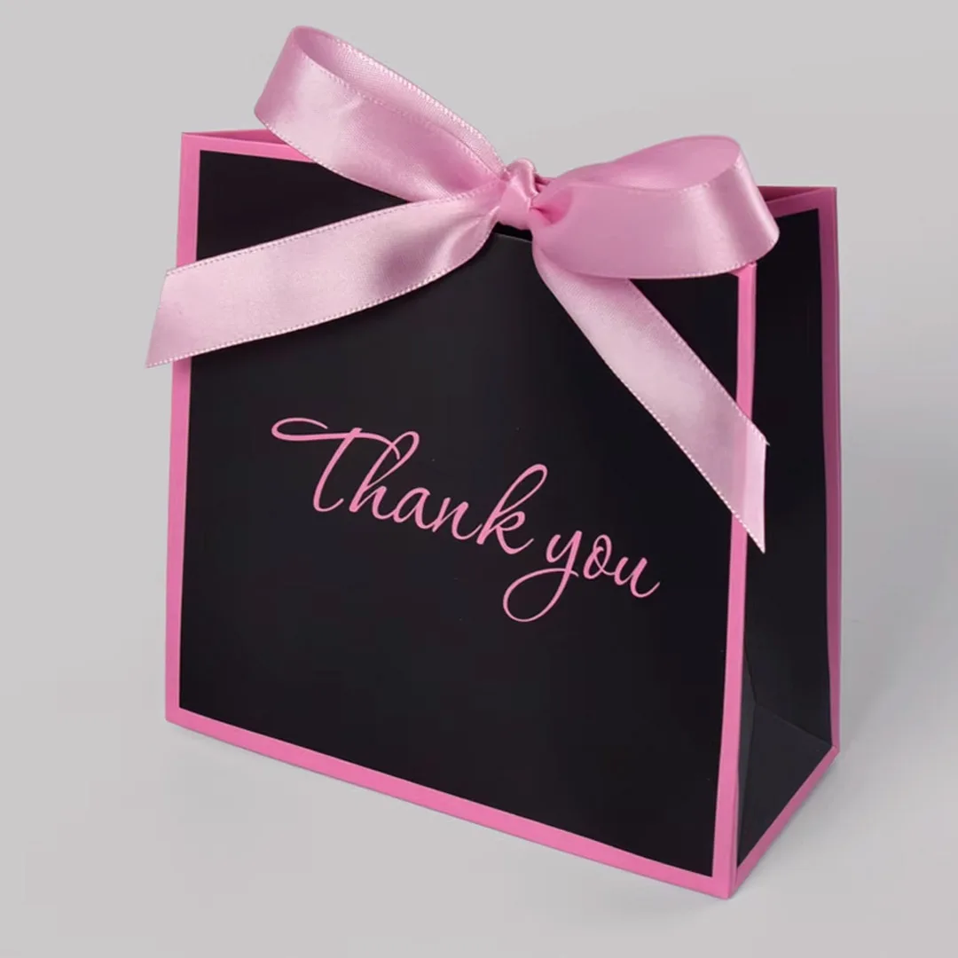 Black Handbag Pink Border Ribbon Jewelry Paper Gift Bag Bowknot Perfume Wedding Party Birthday Packaging Boutique Storage