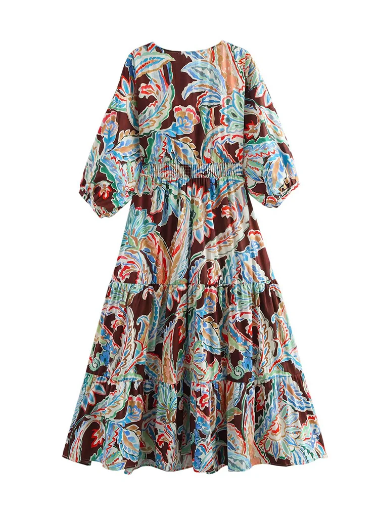 TRAF Fashion Ladies Floral Print Dress Elegante V-neck Lantern Half Sleeve Long Dress Casual Loose Hollow Out Sexy Midi Dresses