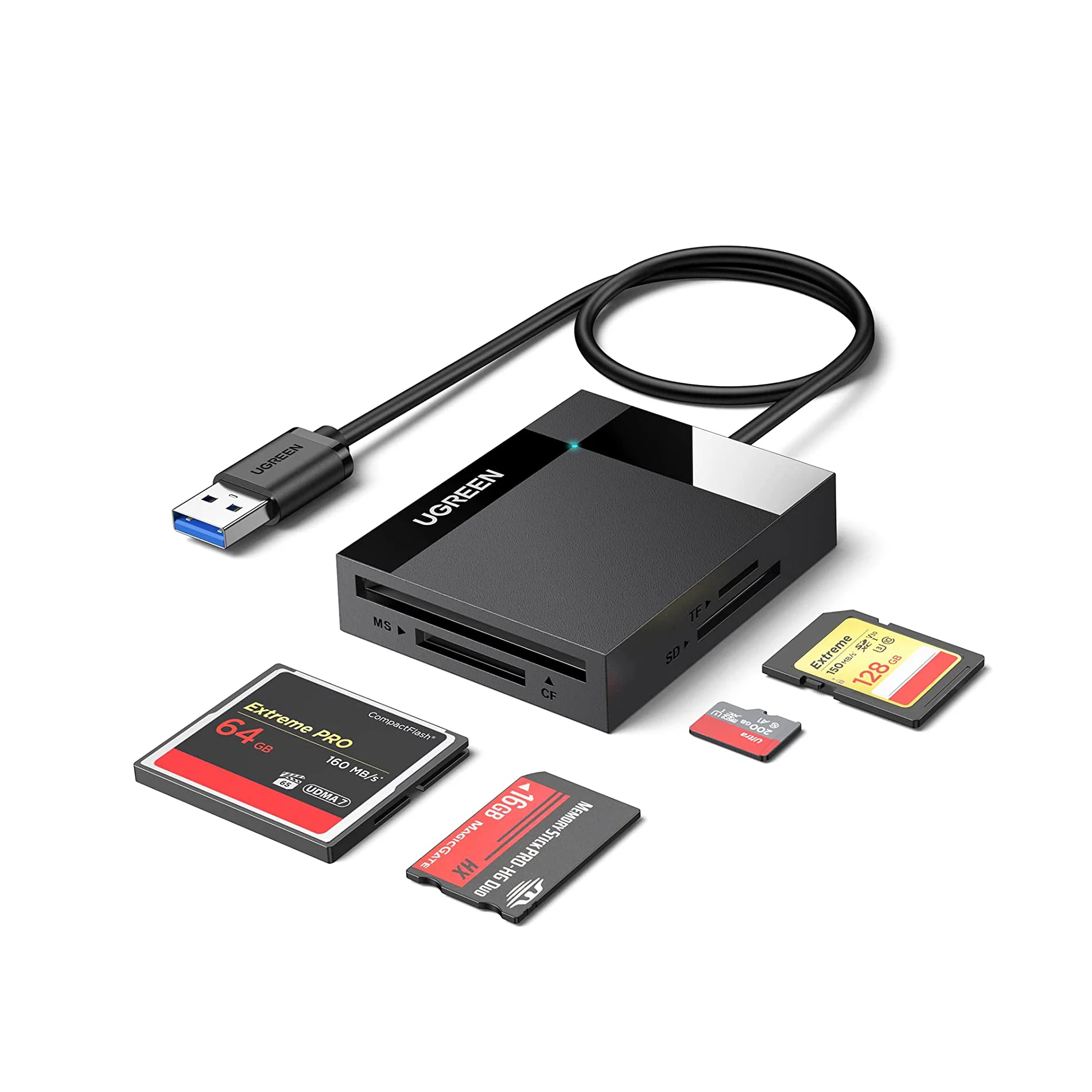 UGREEN Read and Write 4 Card Simultaneously SD Card Reader 4 Ports 5Gbps Transfer Speed with 1M Longer Cable Cord