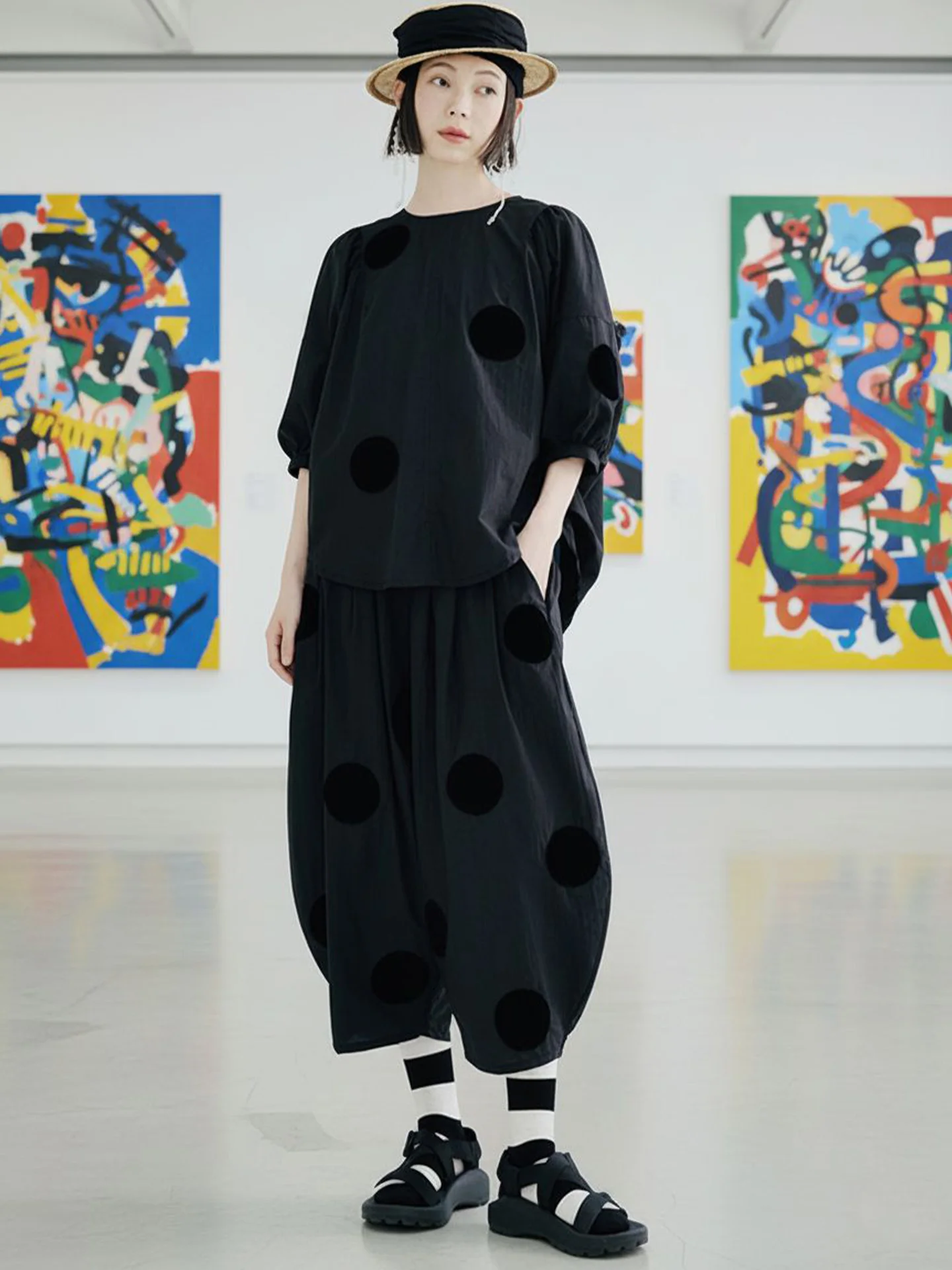 

imakokoni оригинальные новые черные свободные хлопковые широкие брюки длиной до щиколотки в горошек, тонкий стиль на лето 223689