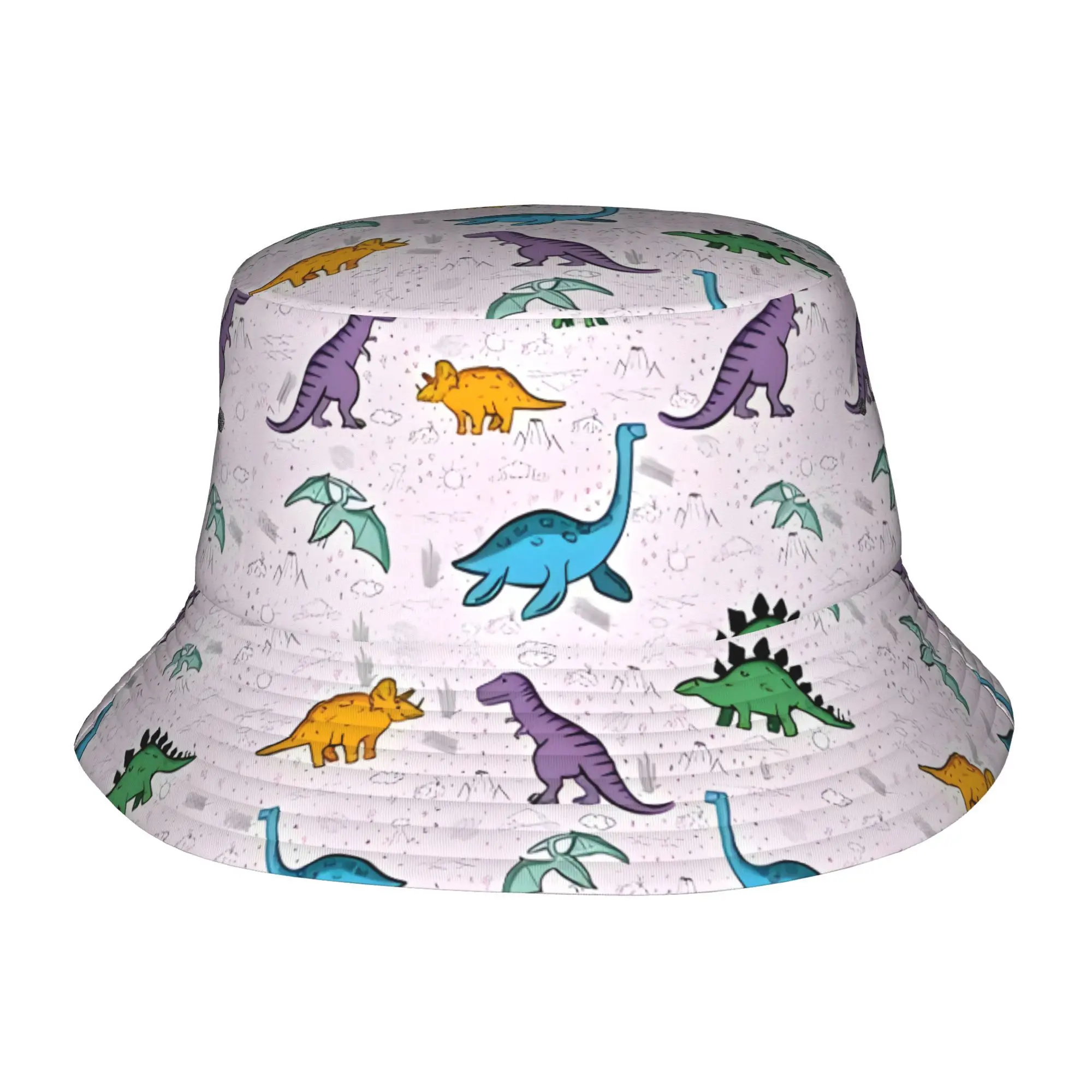 Dinosaur Print Bucket Hat Stylish Black Fisherman Cap with Colorful Dinosaur Palm Tree Design Lightweight Polyester Perfect