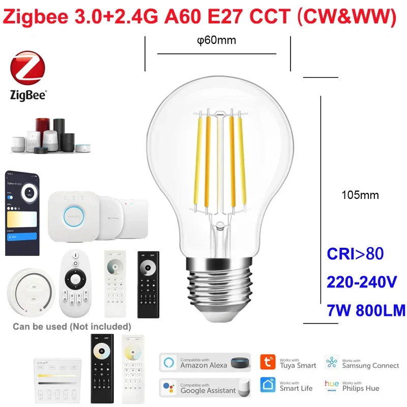 Bohlam LED E27 220V 7W G95 A60 ST64 Pintar Dapat Diredupkan 2.4G RF Klasik Retro Edison Filamen Antik Ganda Putih 2200K-6500K
