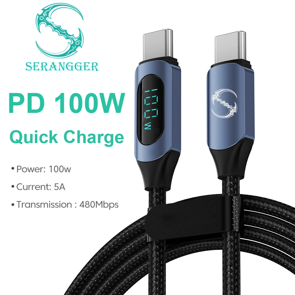 100W 1m/2m Real-time Digital Dispaly Type C to Type C Cable PD Fast Charger USB C to USB C Cable For iphone 15 16 Data Cord Wire