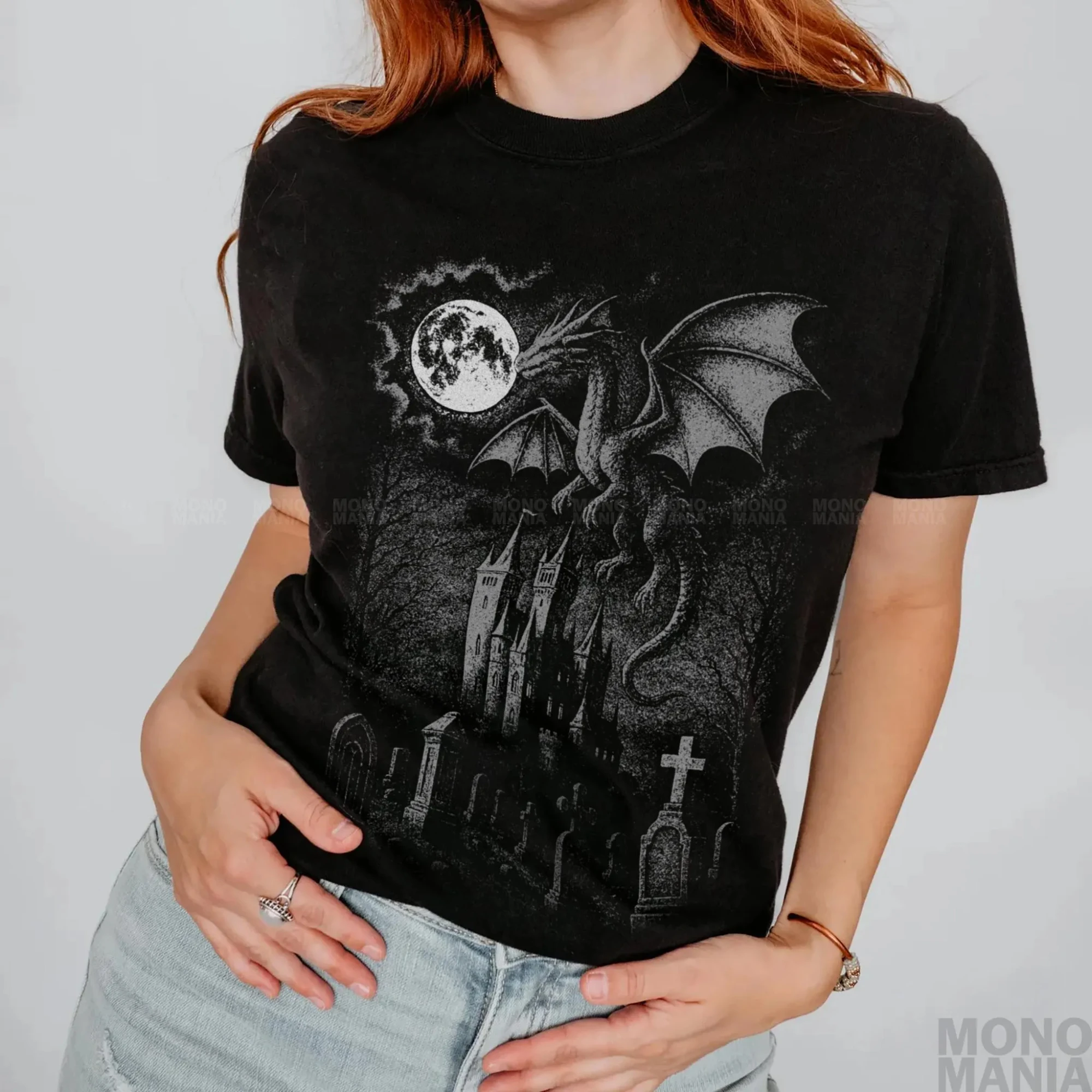 تي شيرت من العصور الوسطى بنمط التنين، نمط الخيال الداكن، نمط القوطي المتحلل، الهواء العلمي، تي شيرت قلعة القارئ الخيالي