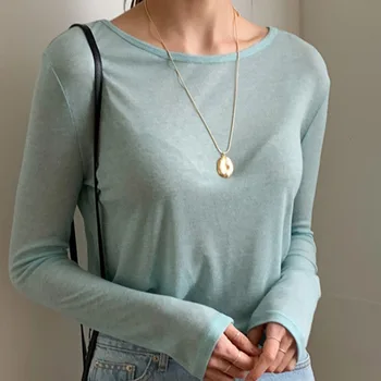 섹시한 슬림 고품질 일반 티셔츠, 여성 상의, 봄/여름 클럽 파티 상의, 투명 긴 소매 티셔츠, 여성용