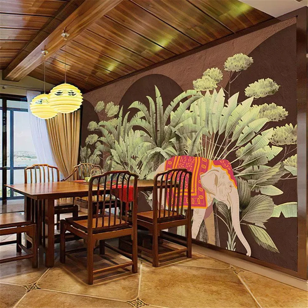 custom Southeast Asian tropical rainforest plant wallpaper restaurant mural banana leaf Thai elephant Thai elephant wall paper