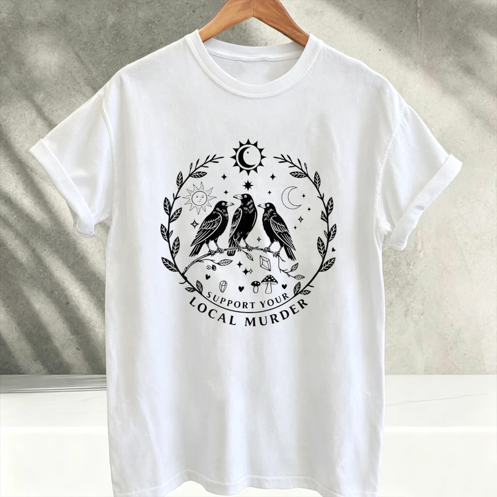 Support Your Local Murder Crow Birds Witchy Graphic T-Shirt Mystic Sun Moon Raven Wreath Print Unisex Occult Gothic Cotton Tees