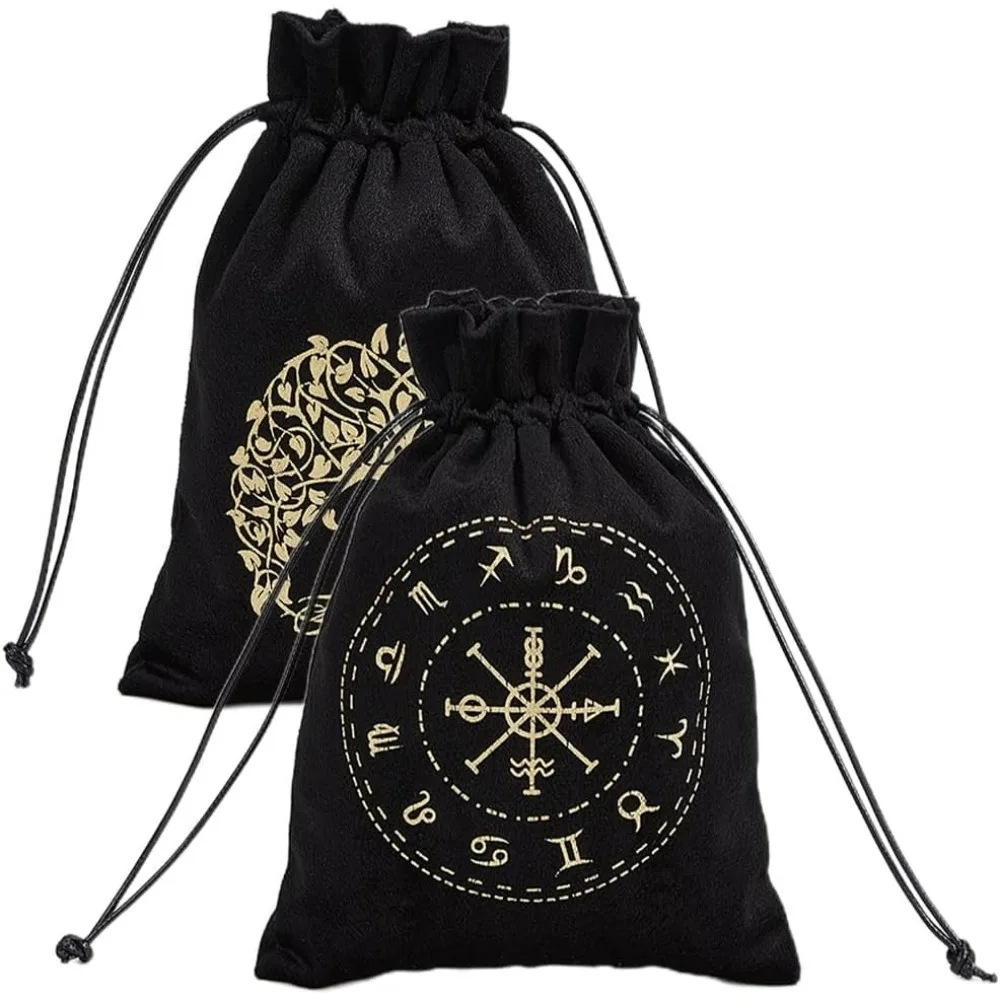 

2Pcs Tarot Bags Velvet Tarot Card Storage 12 Constellations Tree of Life Bag Pouches Holder Rune with Halloween 7x5.1Inch-Black