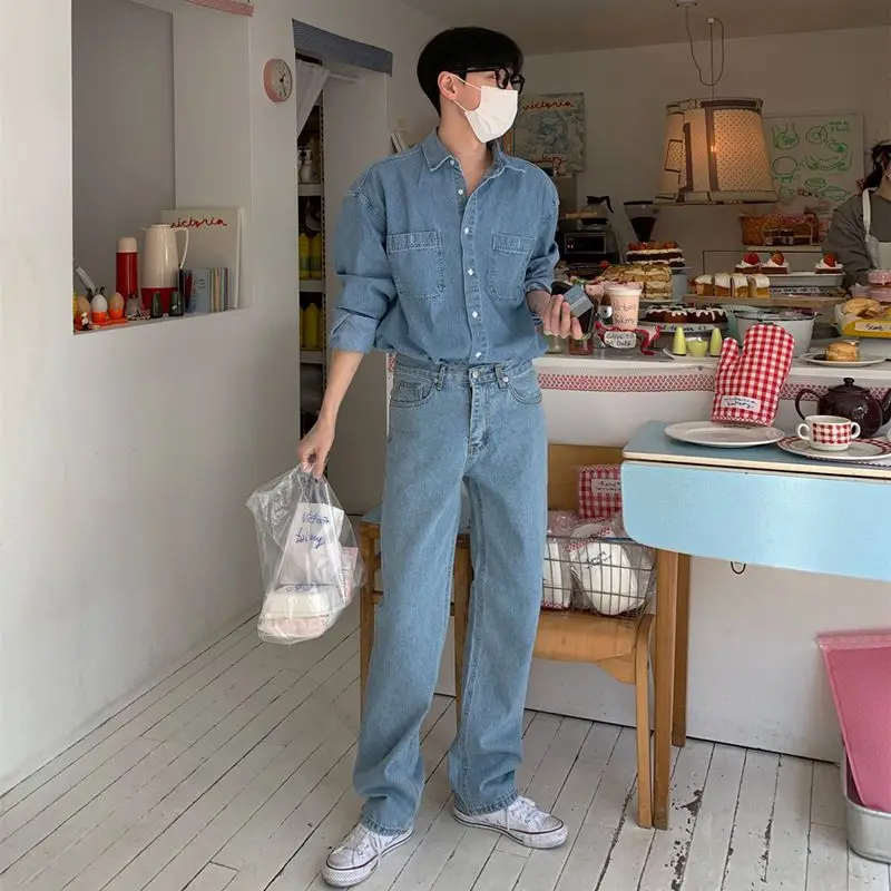 

​ Мужской джинсовый комплект с курткой с длинными рукавами в гонконгском стиле, тонкий, свободный, повседневный, модный, весенне-летний наряд ​