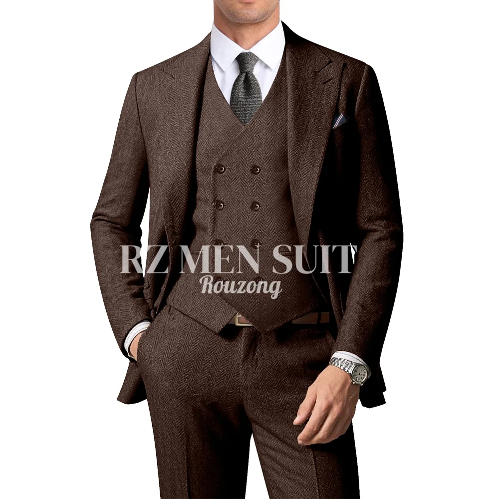 

Мужские костюмы из твида в елочку: ретро-костюм-тройка с пиджаком с острыми лацканами, жилетом и брюками для свадьбы и выпускного вечера