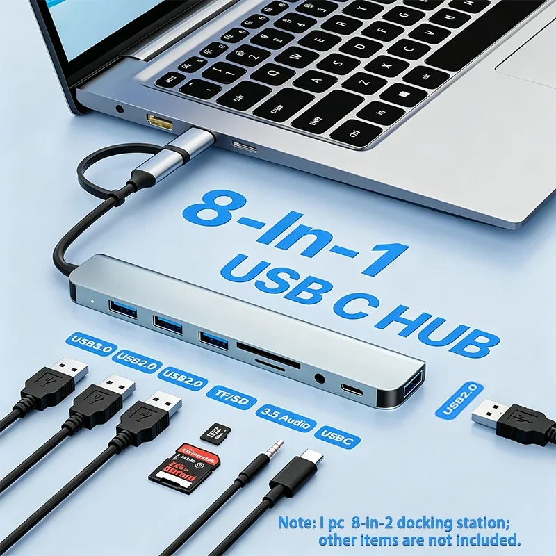 8‑in‑2 USB+Type‑C Docking Station 3.5mm Audio Port Micro SD Card Reader for Laptop Tablet Phone Disk