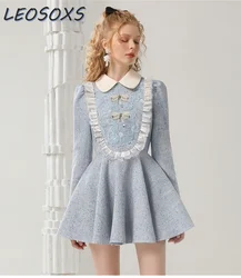 LEOSOXS Gentle Long-sleeved Dress 2024 Autumn and Winter Contrasting Color Lace Short Dresses Sweet Doll Collar  Vintage Dress