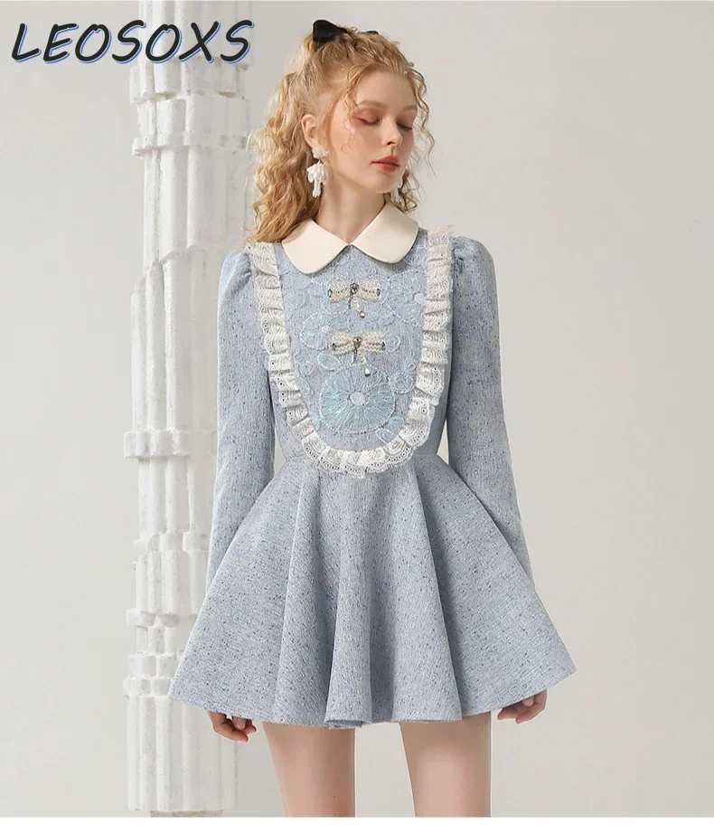 LEOSOXS Gentle Long-sleeved Dress 2024 Autumn and Winter Contrasting Color Lace Short Dresses Sweet Doll Collar  Vintage Dress