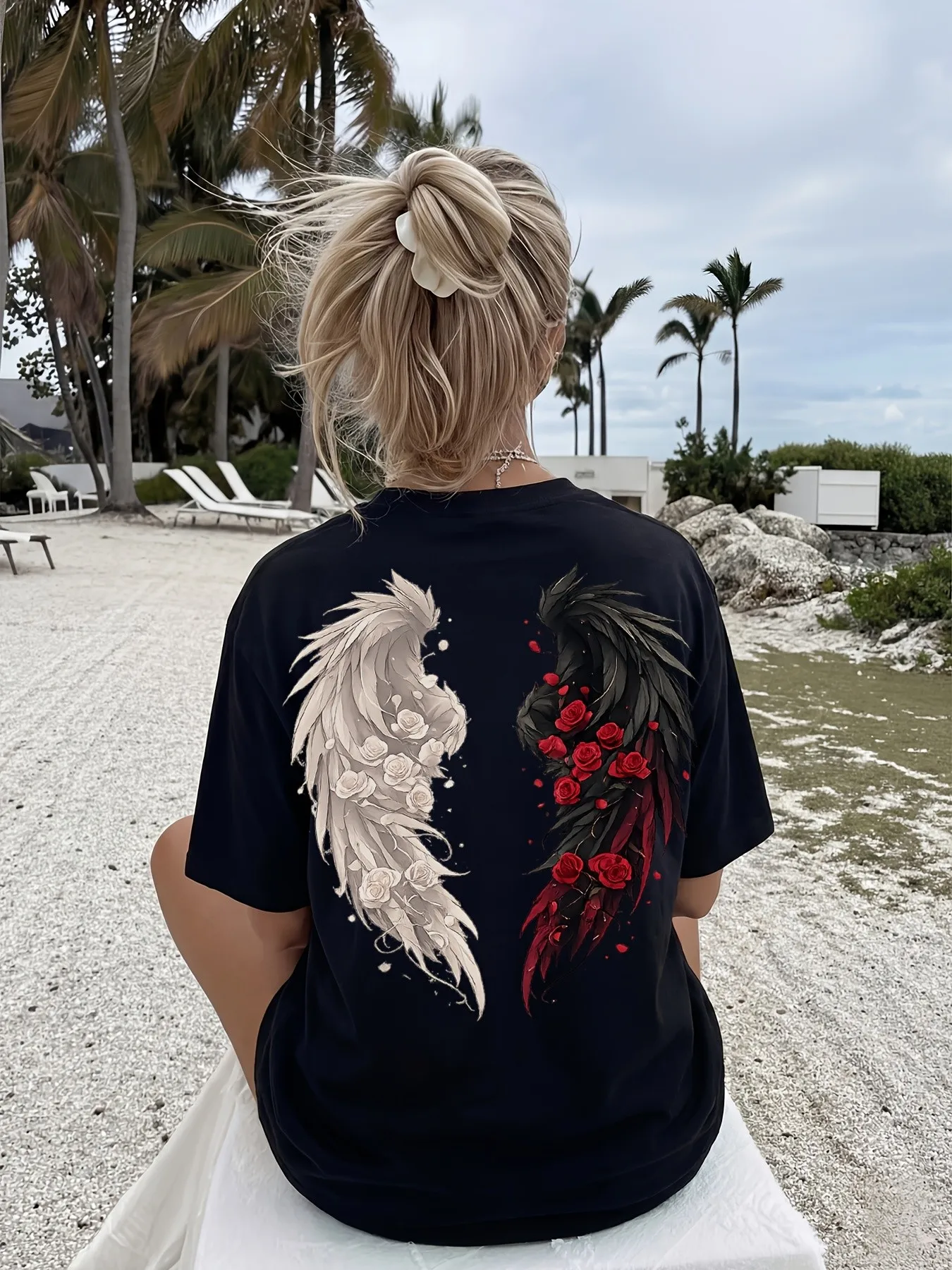 Summer women's T-shirt with wing pattern lightweight and breathable suitable for casual roller skating hip-hop and streetwear