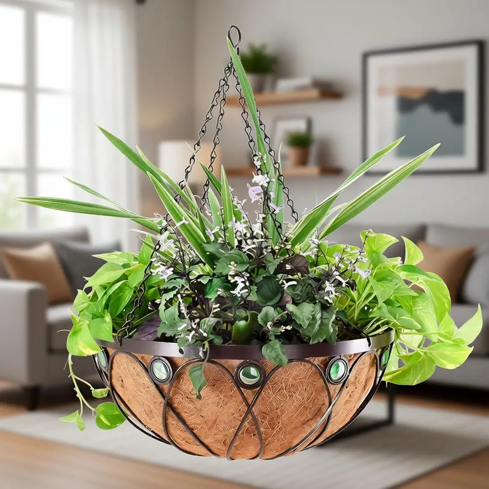 

20-Inch Round Hanging Planter with Copper Accents, Emerald Series