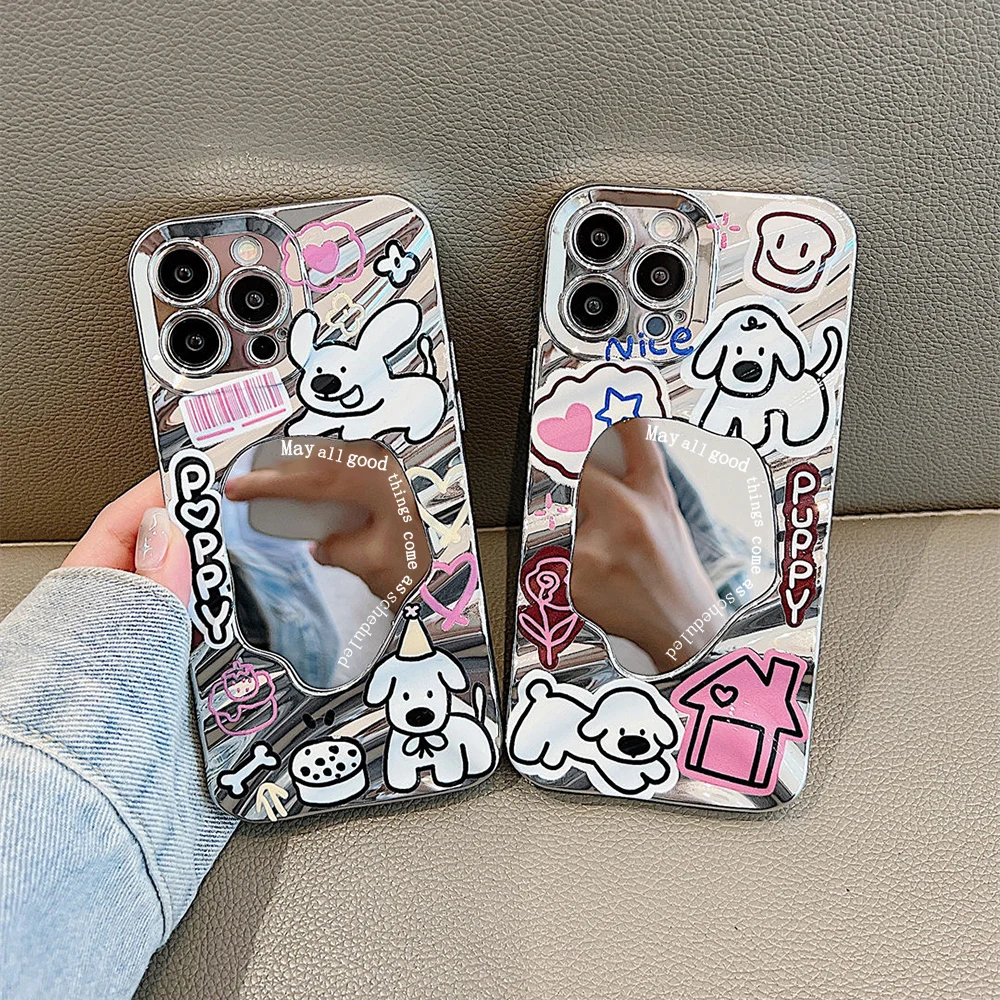 

Luxury Make UP Mirror Wave Phone Case For iPhone 11 13 16 Pro Max 14 15 12 16promax 15promax Cute Dog Shockproof Covers Fundas
